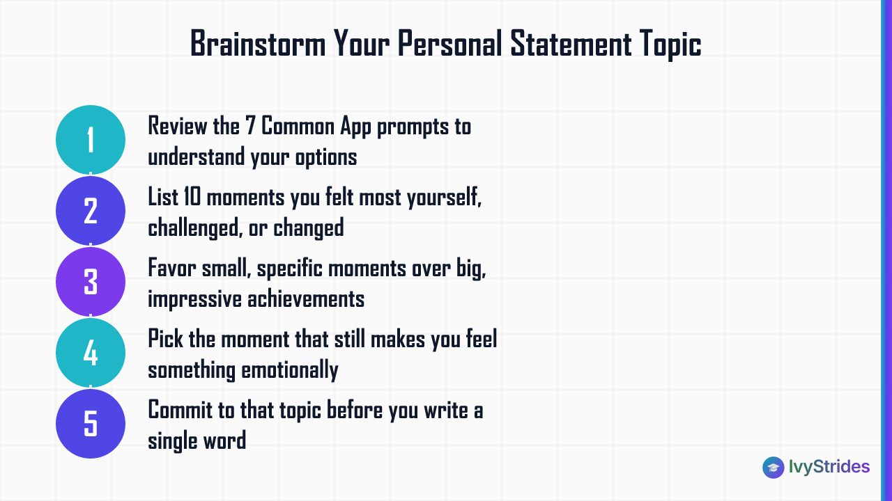 5-step brainstorming process for finding a personal statement topic using the small moment, big meaning method