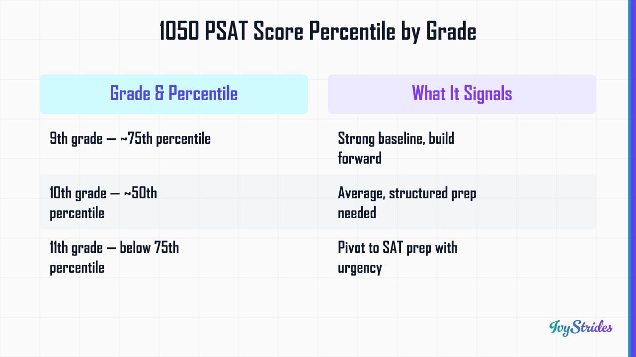 Comparison table showing a 1050 PSAT score percentile rank and meaning for 9th, 10th, and 11th graders