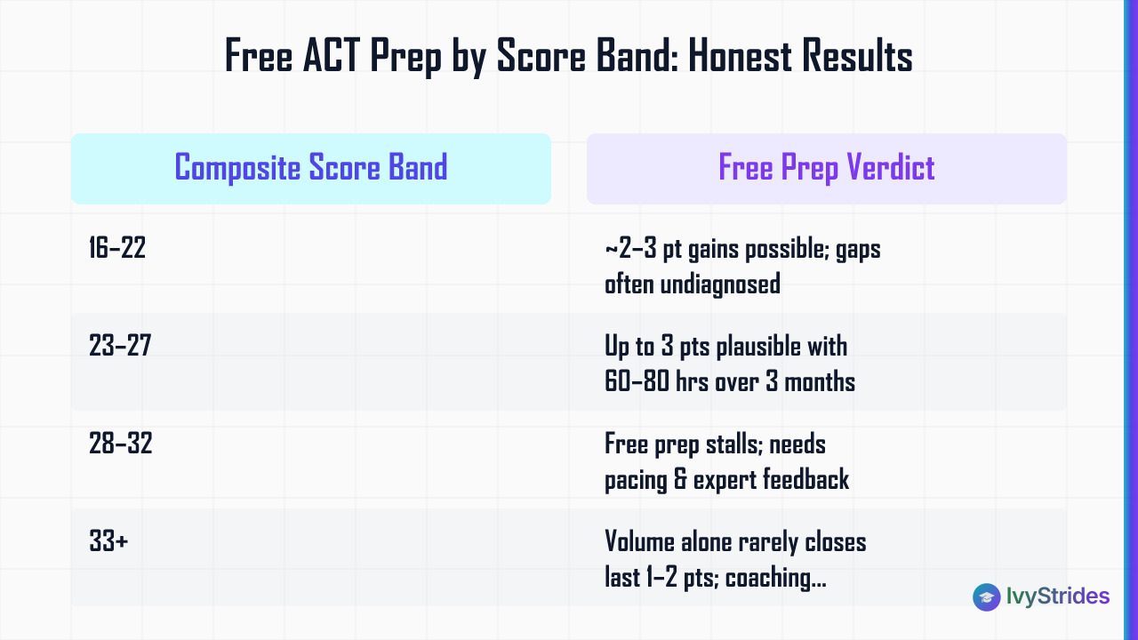 Comparison table showing ACT free prep effectiveness across four composite score bands from 16 to 33+