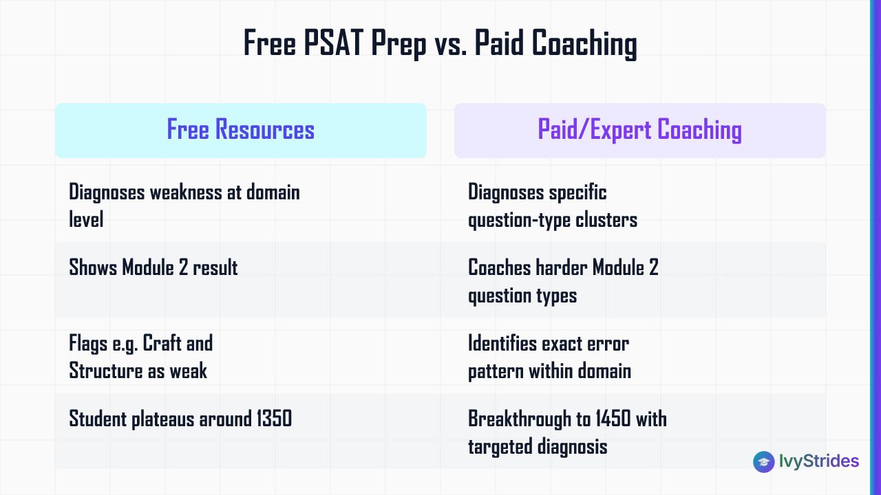 Comparison table showing free PSAT prep resources vs. paid coaching across diagnosis depth, Module 2 guidance, and score outc