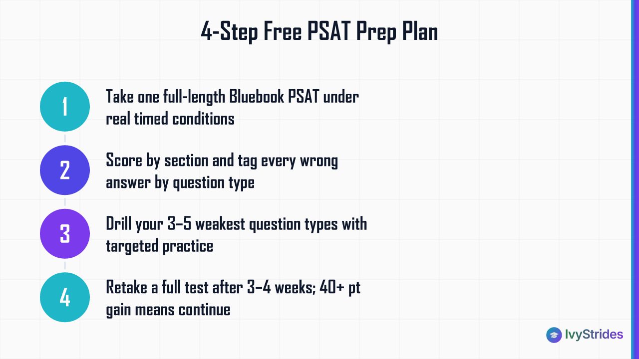 4-step PSAT prep plan: simulate test, analyze errors by type, drill weak areas, retest to measure progress