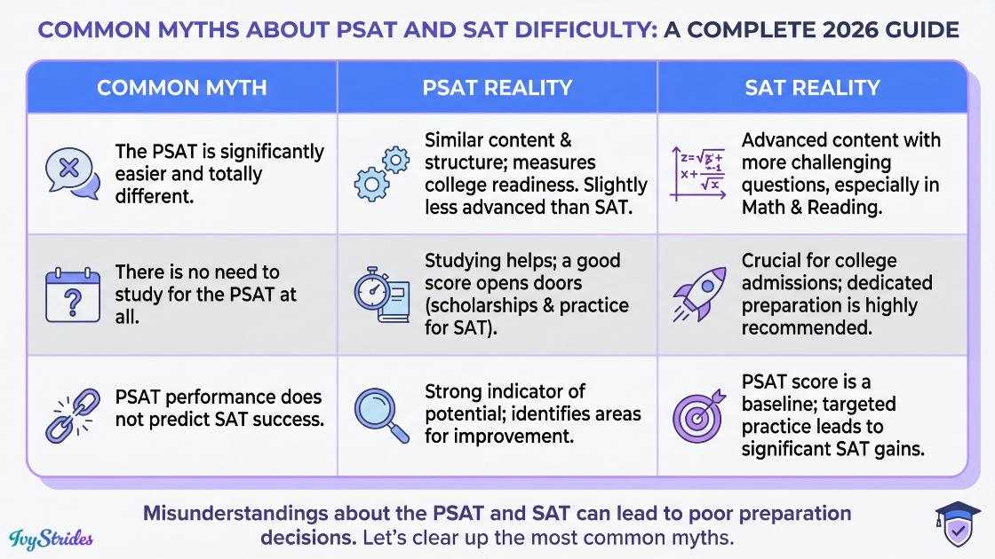 Infographic comparing common myths and realities of PSAT and SAT difficulty.