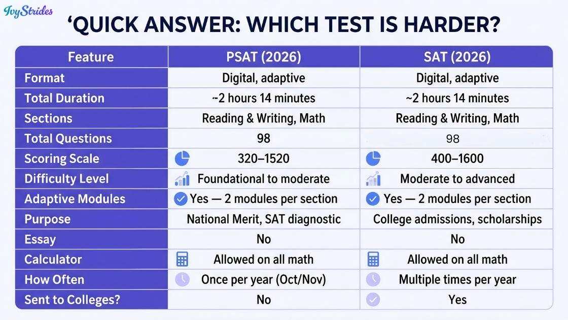 Comparison table of SAT and PSAT features for 2026.