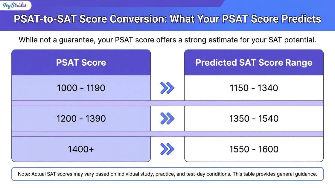 Chart showing PSAT to SAT score conversion ranges.