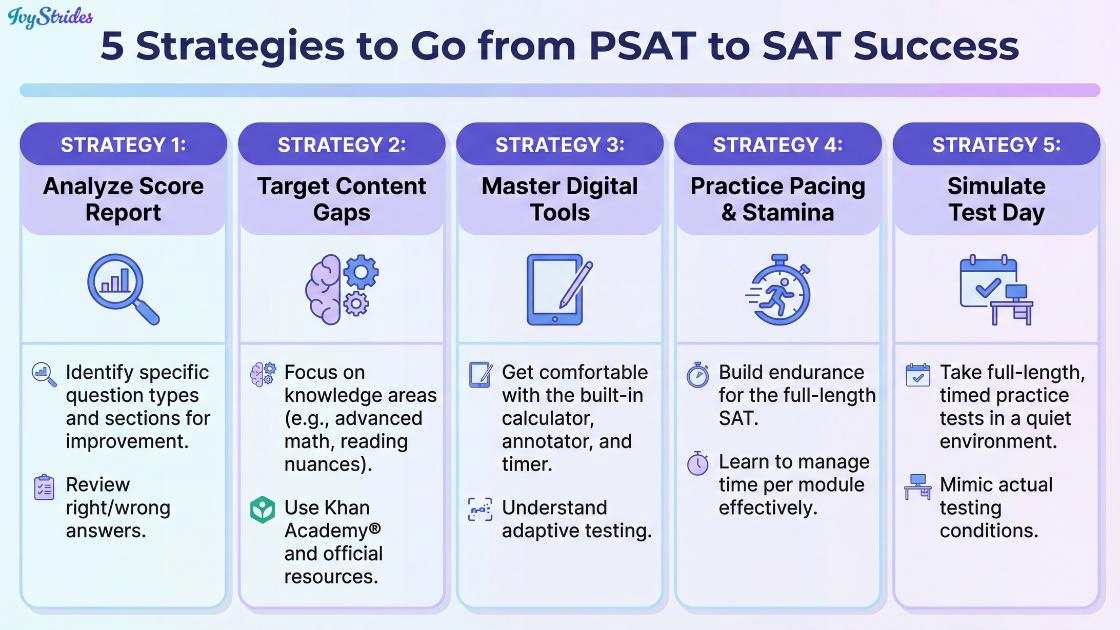 Infographic outlining 5 strategies for transitioning from PSAT to SAT success.