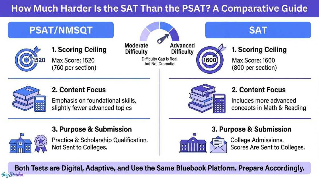 Comparative guide showing differences between SAT and PSAT scoring and content focus.