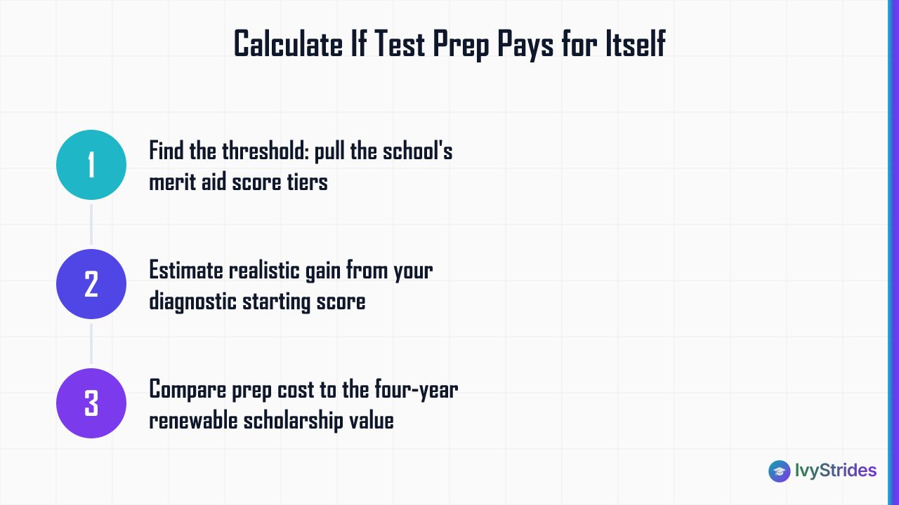 3-step diagram showing how to calculate SAT/ACT test prep ROI against merit scholarship tiers