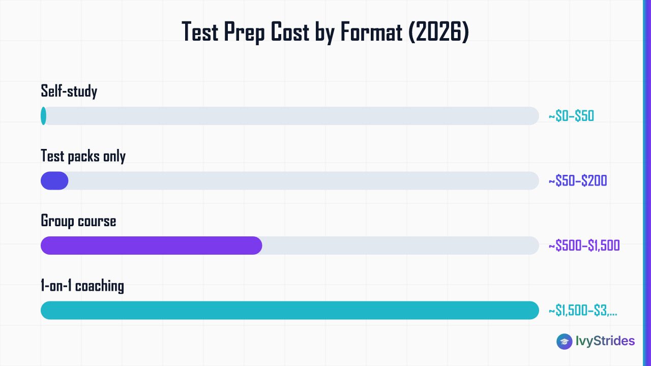 Horizontal bar chart comparing SAT/ACT test prep costs: self-study near free, group courses up to $1,500, 1-on-1 coaching up 