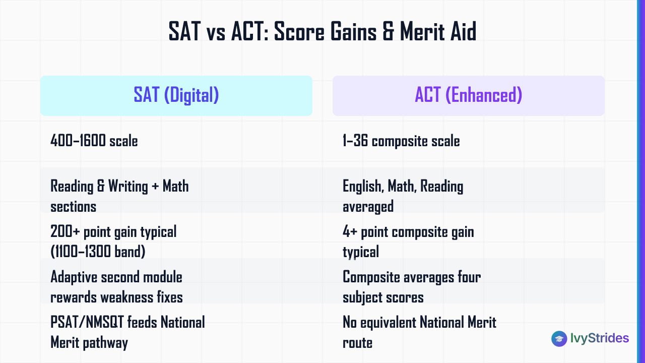 Comparison table of SAT vs ACT score scales, typical gains, and merit aid implications for test prep students