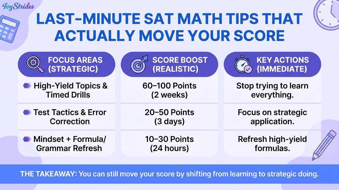 Infographic showcasing last-minute SAT Math tips for effective score improvement.
