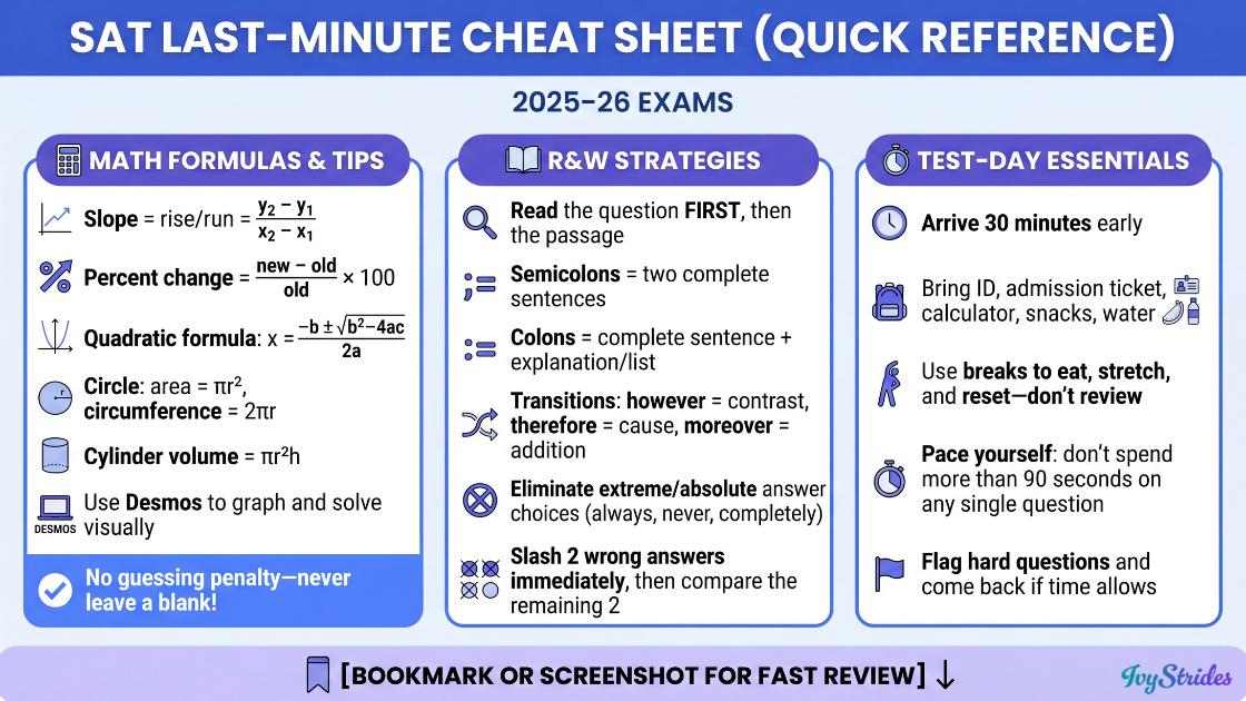 Infographic summarizing last-minute SAT study tips and essential formulas for quick reference.