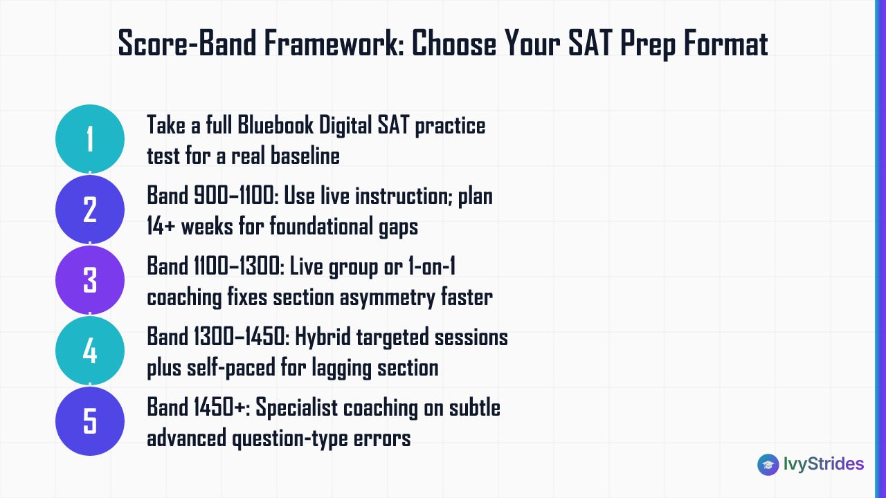 5-step score-band framework diagram showing which SAT prep format to choose based on your baseline score range