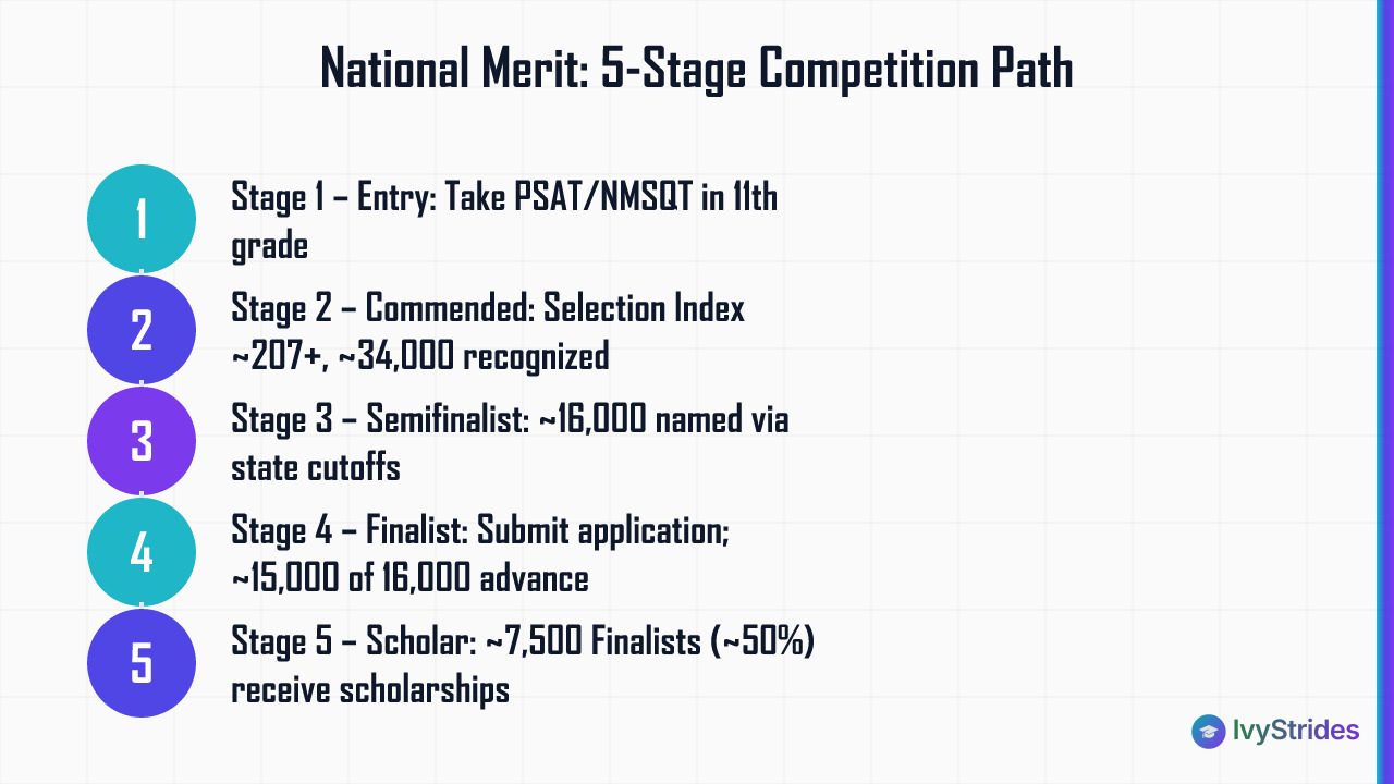 5-stage National Merit Scholarship competition path from PSAT entry to Scholar award for Class of 2026