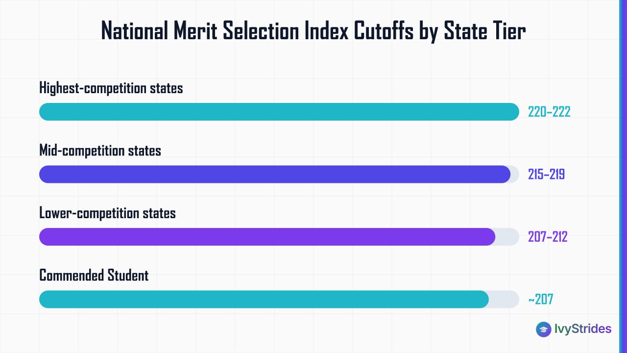 Horizontal bar chart showing 2026 National Merit Selection Index cutoffs by state competition tier, ranging from 207 to 222.