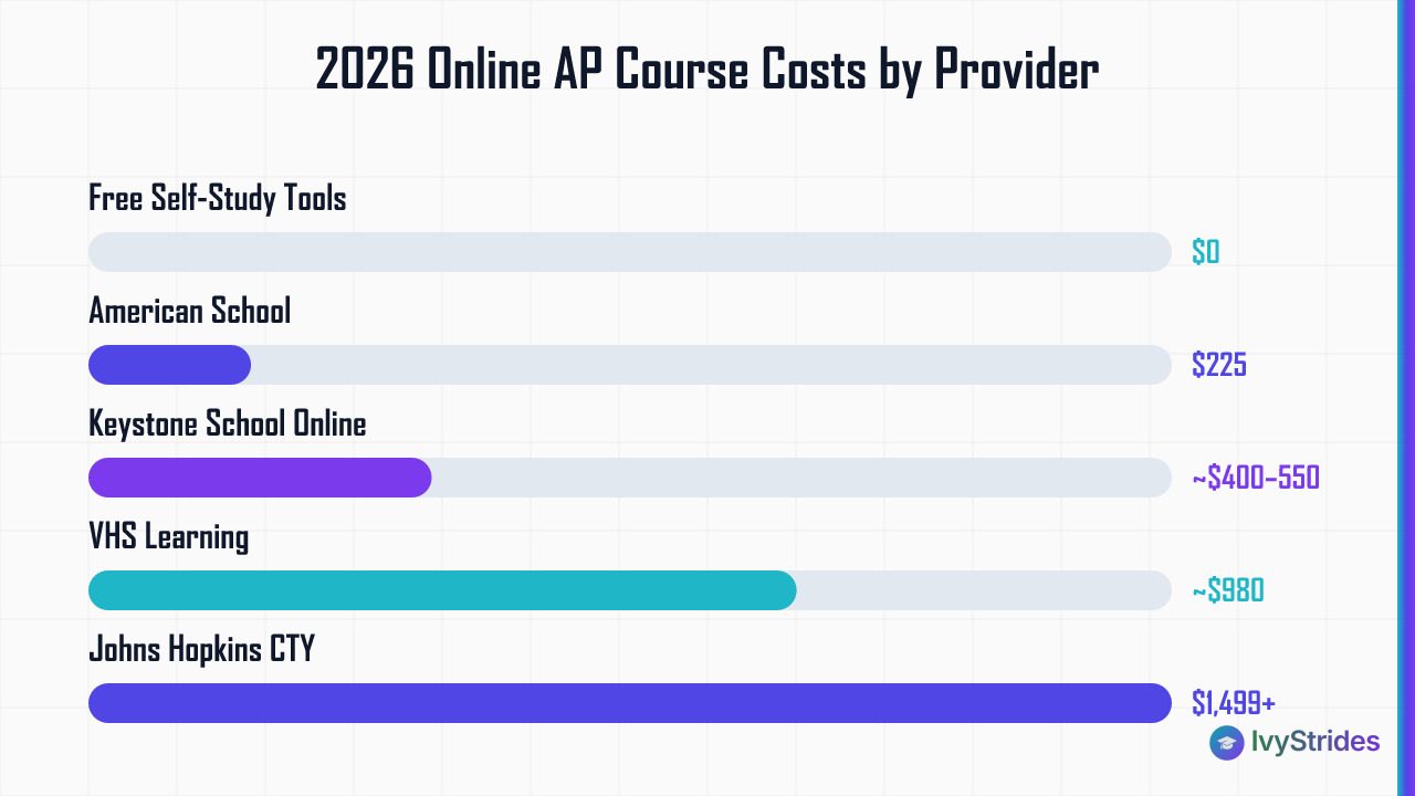 Horizontal bar chart comparing 2026 online AP course costs from $0 for free tools to $1,499+ for Johns Hopkins CTY