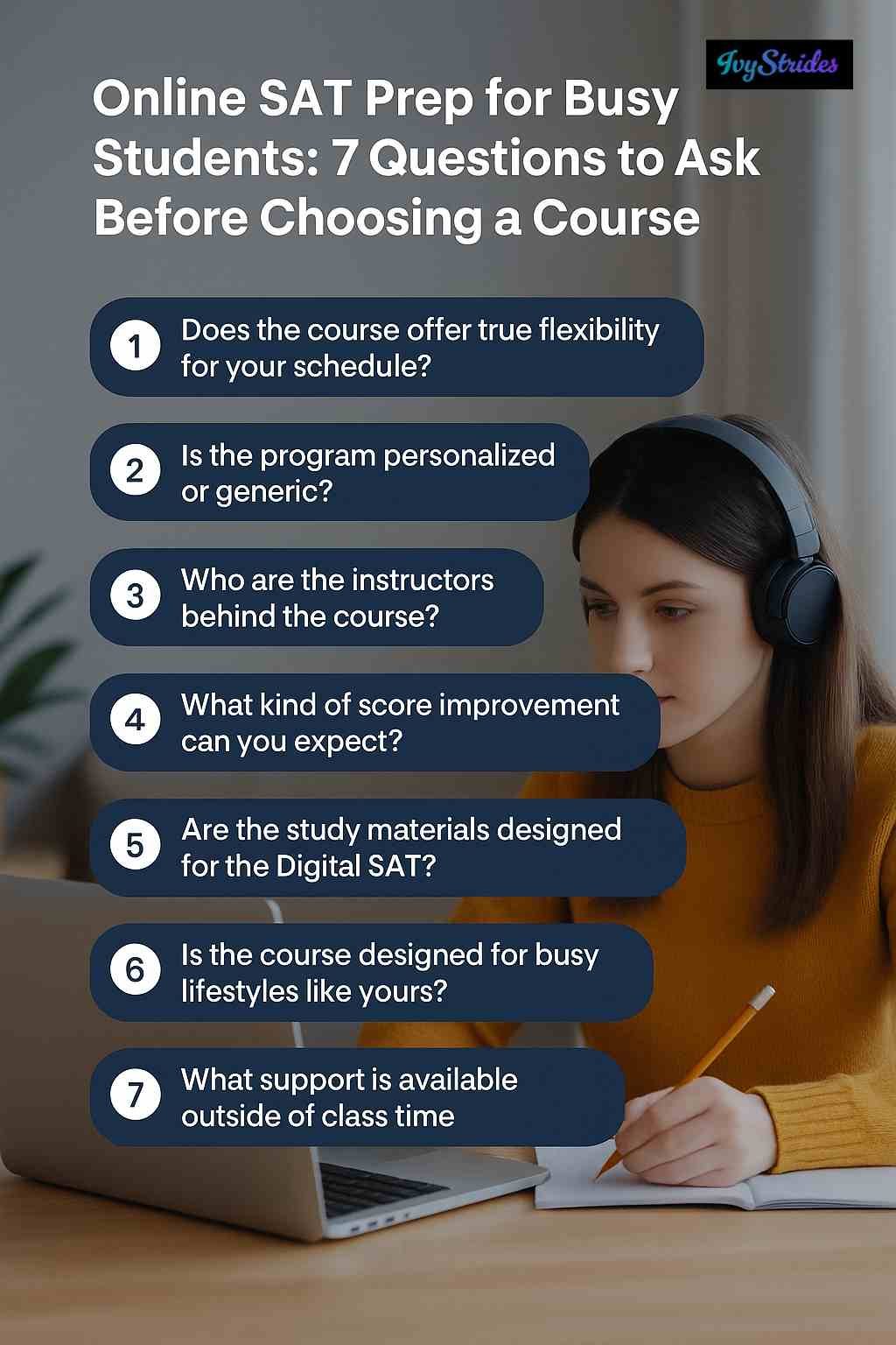 A student studies at a laptop attentively, showcasing seven key questions to ask when choosing an online SAT prep course.