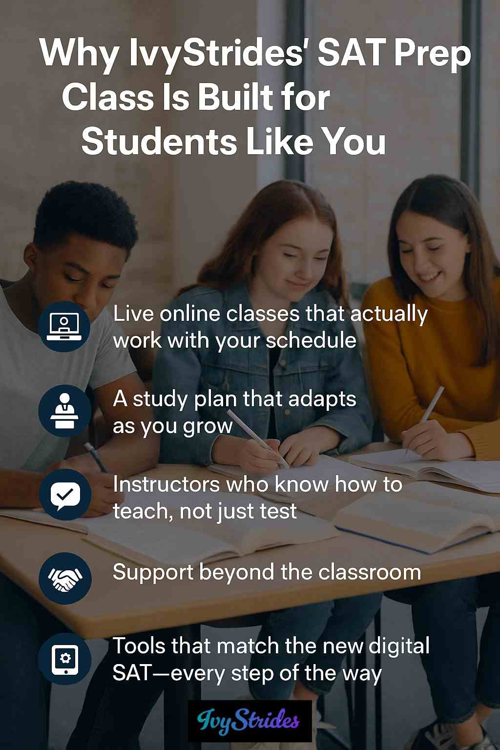 Three students study together; icons showcasing IvyStrides’ flexible classes, adaptive plans, expert teaching, and support.