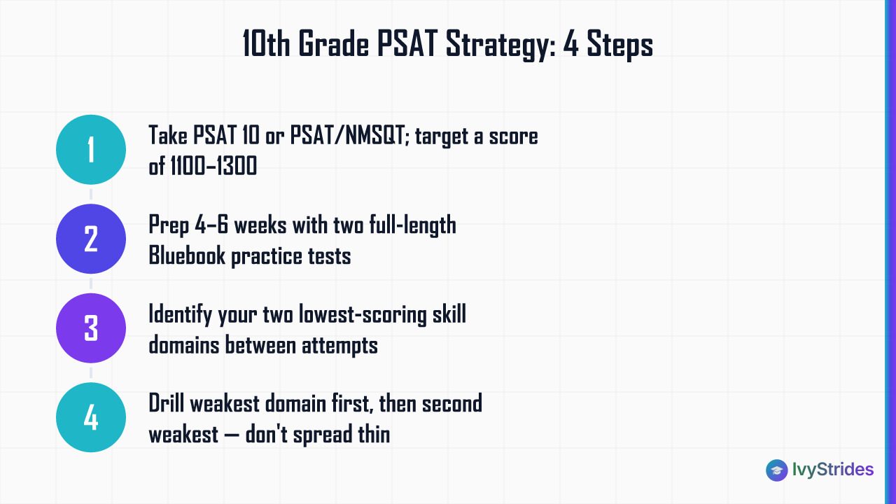 4-step 10th grade PSAT strategy: set target score, prep 4-6 weeks, find weak domains, drill weakest first