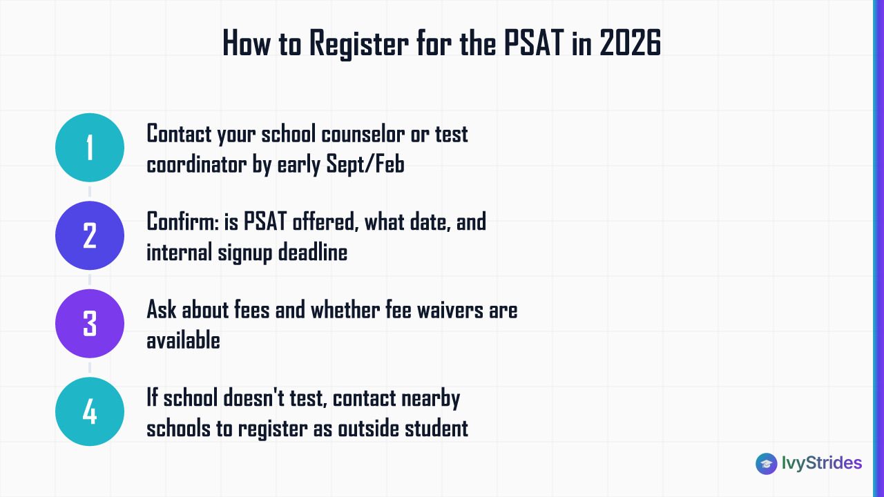 4-step PSAT 2026 registration process: contact counselor, confirm details, ask about fees, find alternate school