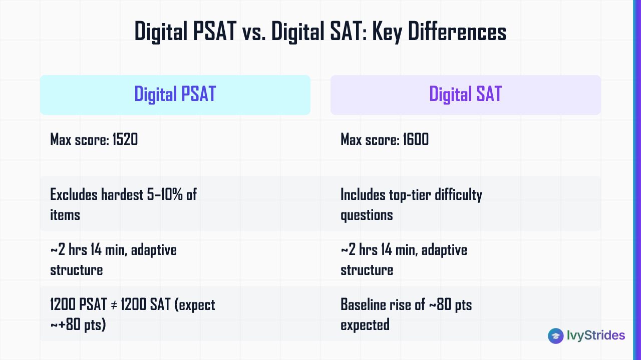 Comparison table showing key differences between Digital PSAT and Digital SAT including score ceilings and difficulty levels