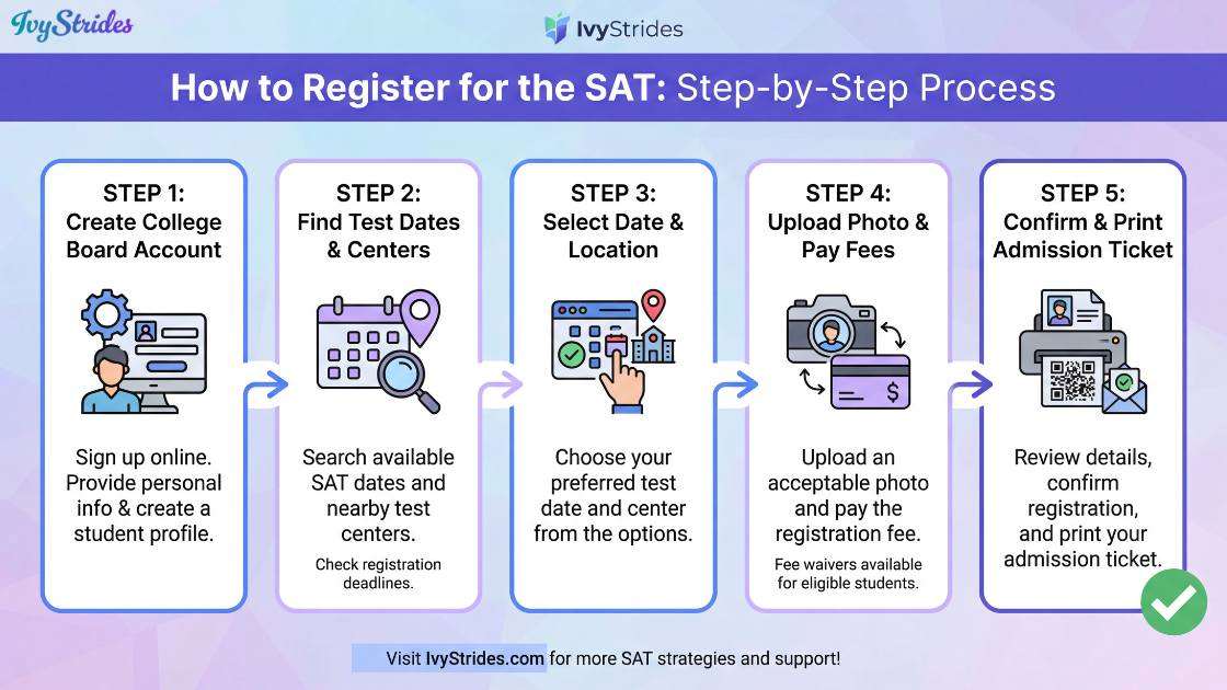 Infographic showing steps to register for the SAT.