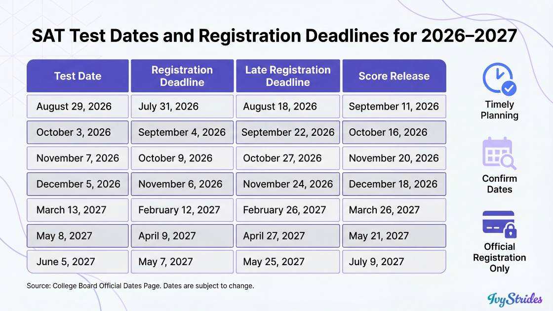 Table of SAT test dates and registration deadlines for 2026-2027.