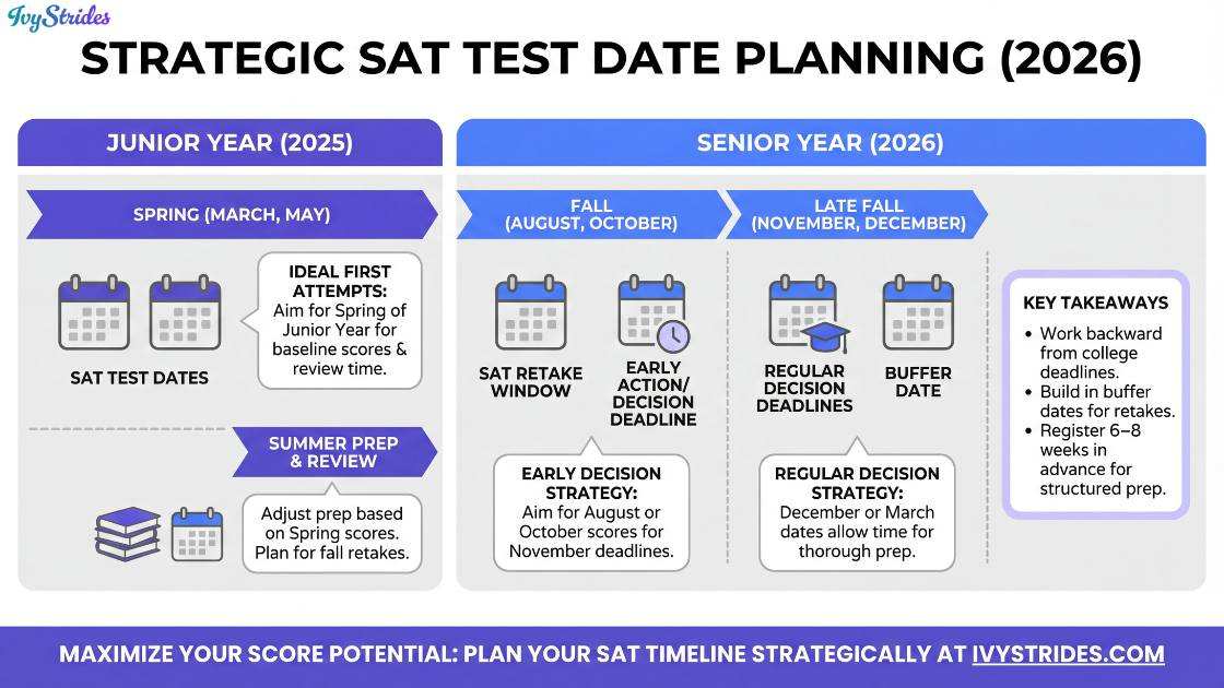 Infographic on strategic SAT test date planning for junior and senior years