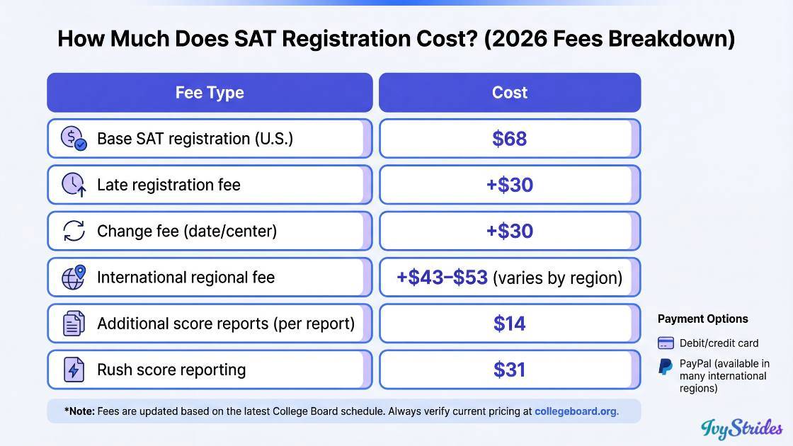 2026 SAT registration fees breakdown table.