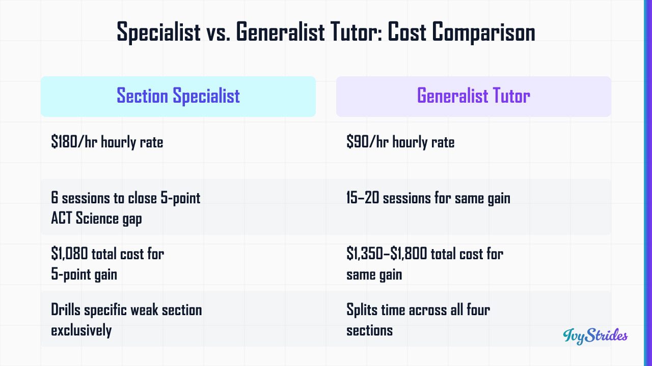 Comparison table showing specialist tutor vs generalist tutor costs, sessions needed, and points gained for ACT prep