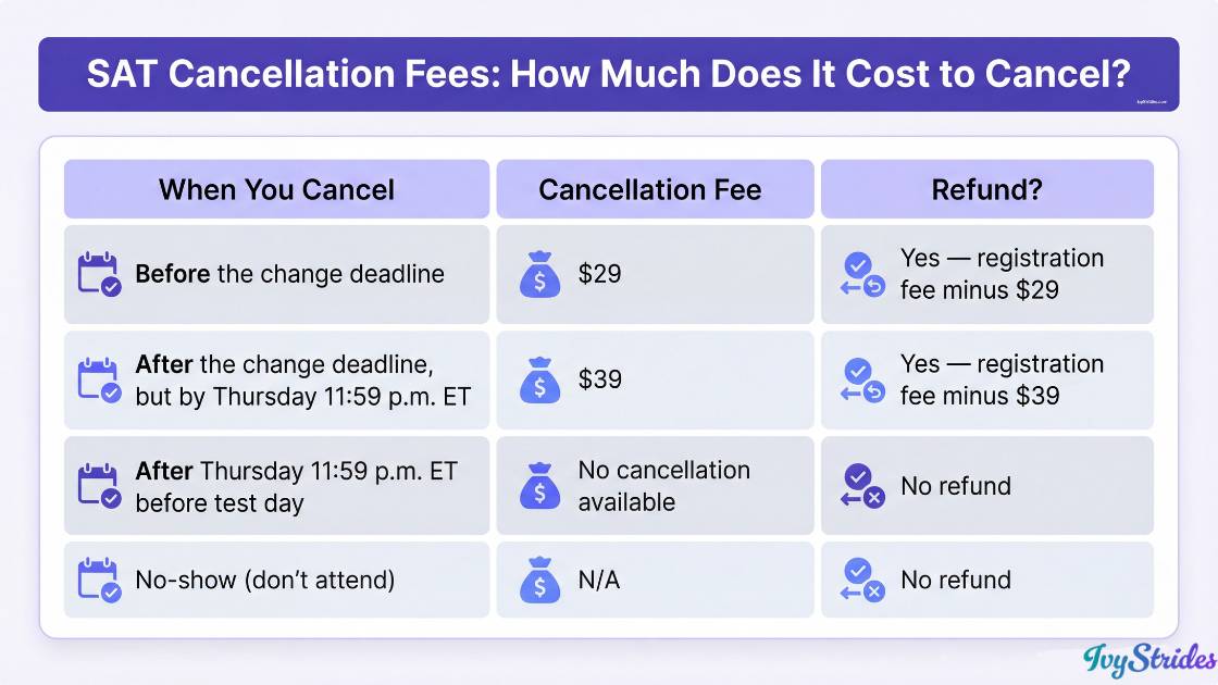 Table of SAT cancellation fees and refund policy.