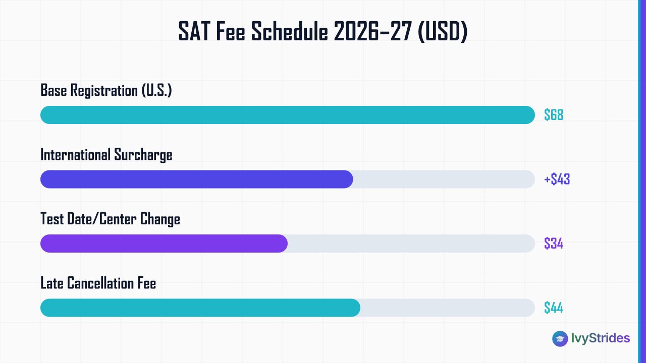 Horizontal bar chart comparing SAT fees: $68 base, $43 international surcharge, $44 late cancellation, $34 change fee