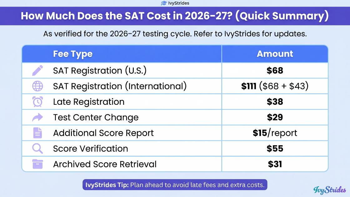 Infographic summarizing SAT costs for 2026–27 testing cycle.