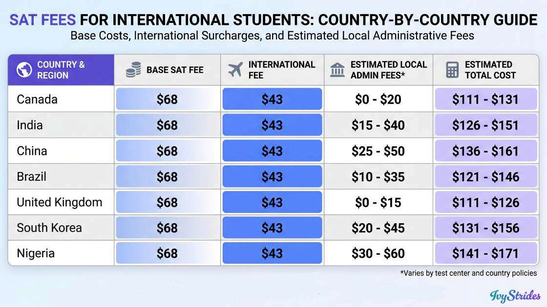Table of SAT fees for international students by country.