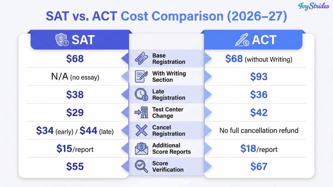 Comparison table of SAT and ACT registration costs for 2026–27.