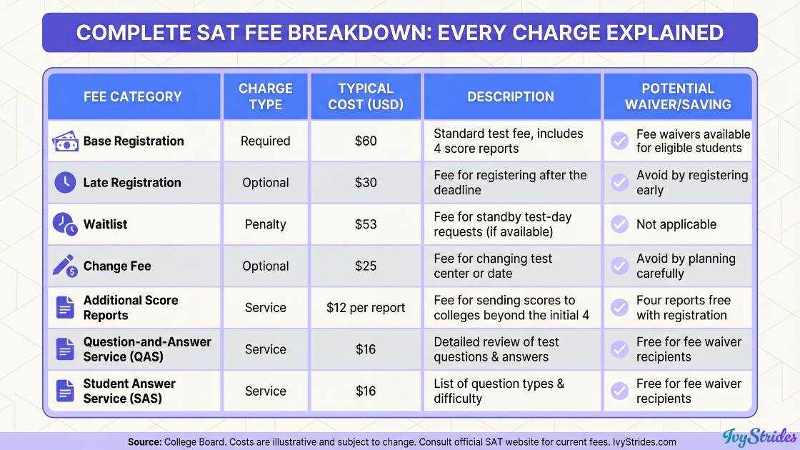 Table detailing SAT fees including registration, late fees, and additional services.
