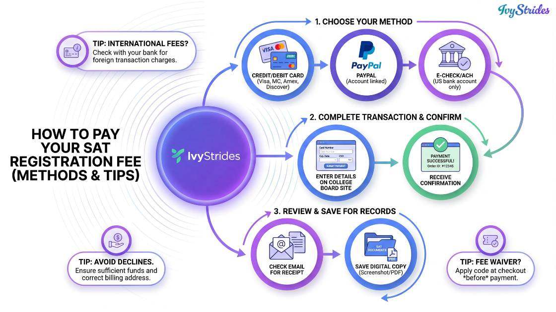 Flowchart showing steps to pay SAT registration fee with tips.