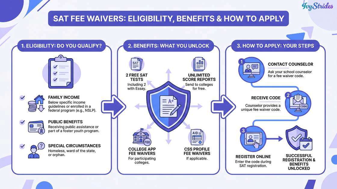 Infographic on SAT Fee Waivers: Eligibility, Benefits, and Application Steps.