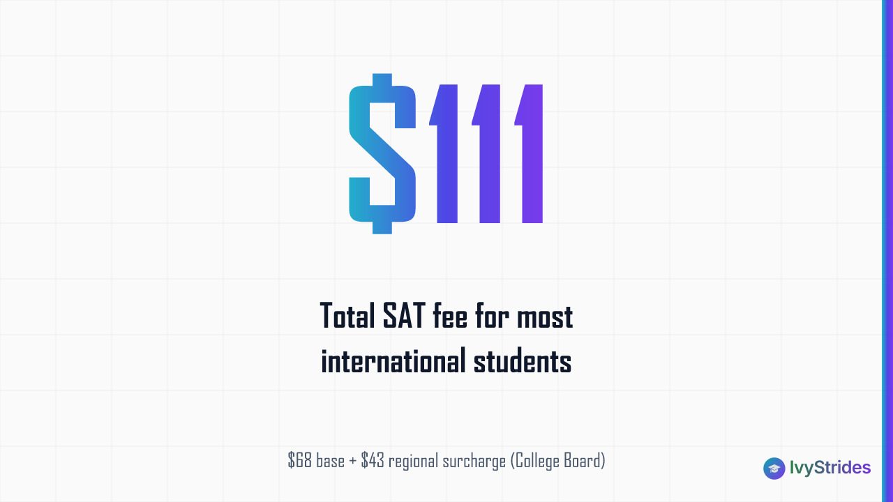 Stat callout showing the typical SAT cost for international students is $111, comprising a $68 base fee plus $43 surcharge