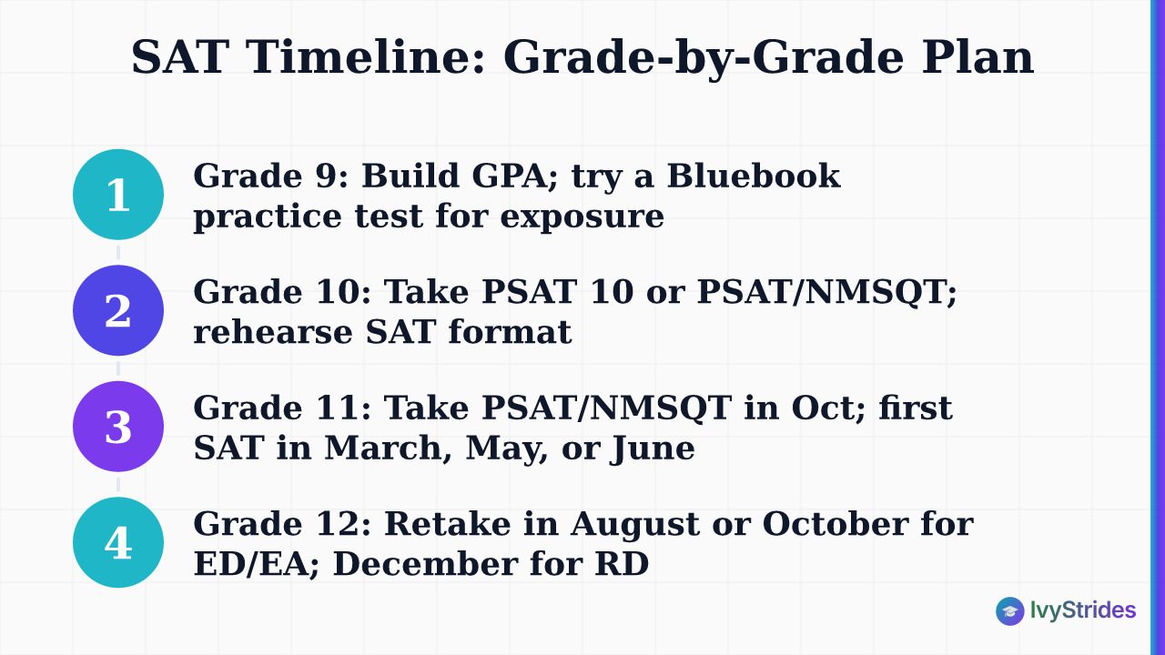 Grade-by-grade SAT timeline showing key actions from 9th through 12th grade for college-bound students