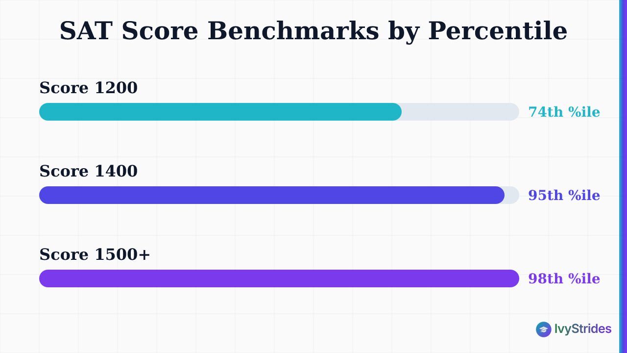 Horizontal bar chart showing SAT scores 1200, 1400, and 1500+ mapped to 74th, 95th, and 98th national percentiles