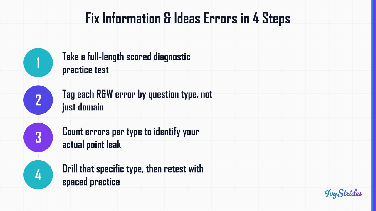 4-step process to diagnose and fix Information and Ideas SAT errors by tagging question types