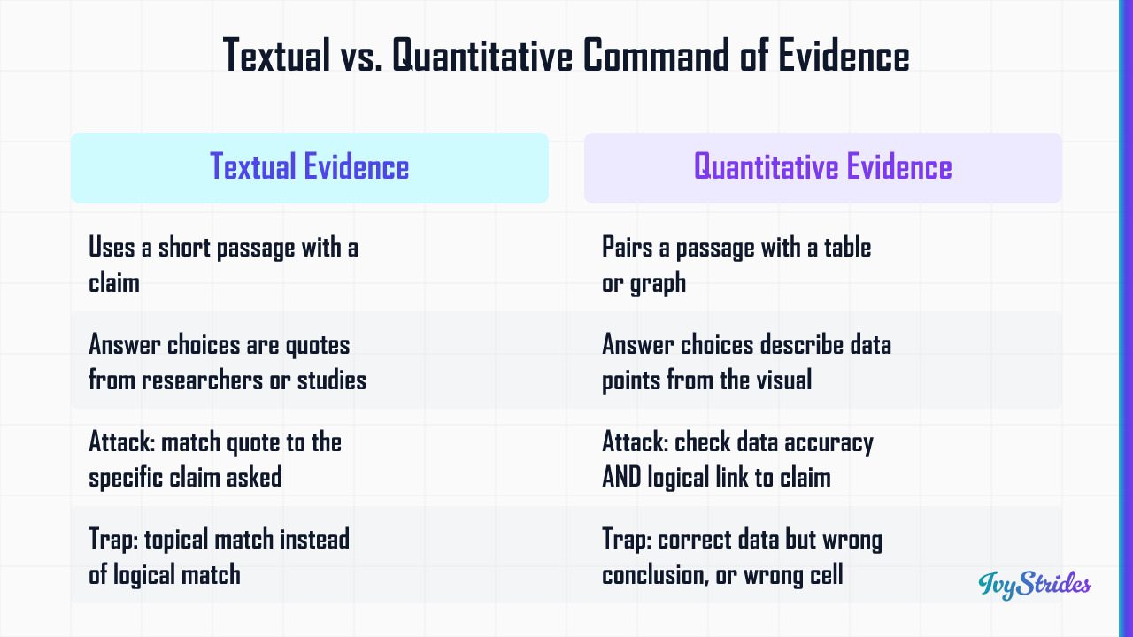 Comparison table contrasting textual vs quantitative command of evidence question types on the Digital SAT