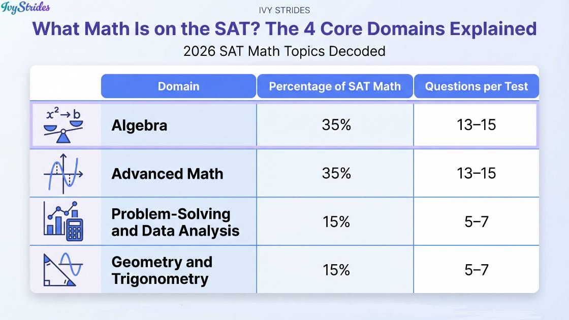 Table showing SAT math domains and their percentages.