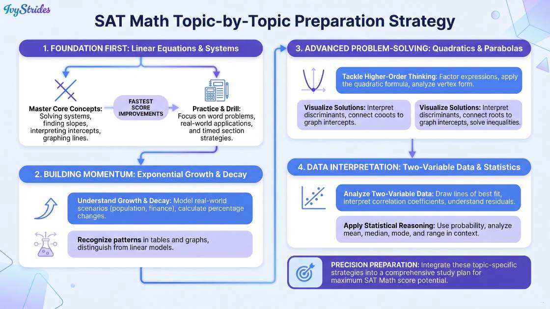 Infographic outlining SAT Math preparation strategy by topic.