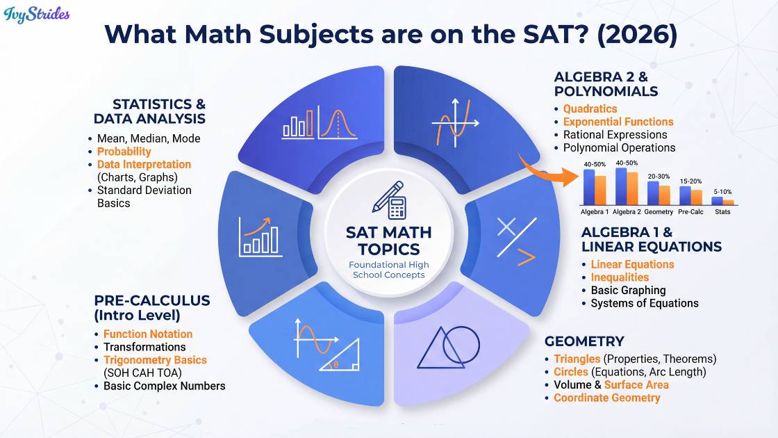 Infographic detailing math subjects on the SAT including Algebra, Geometry, and Statistics.