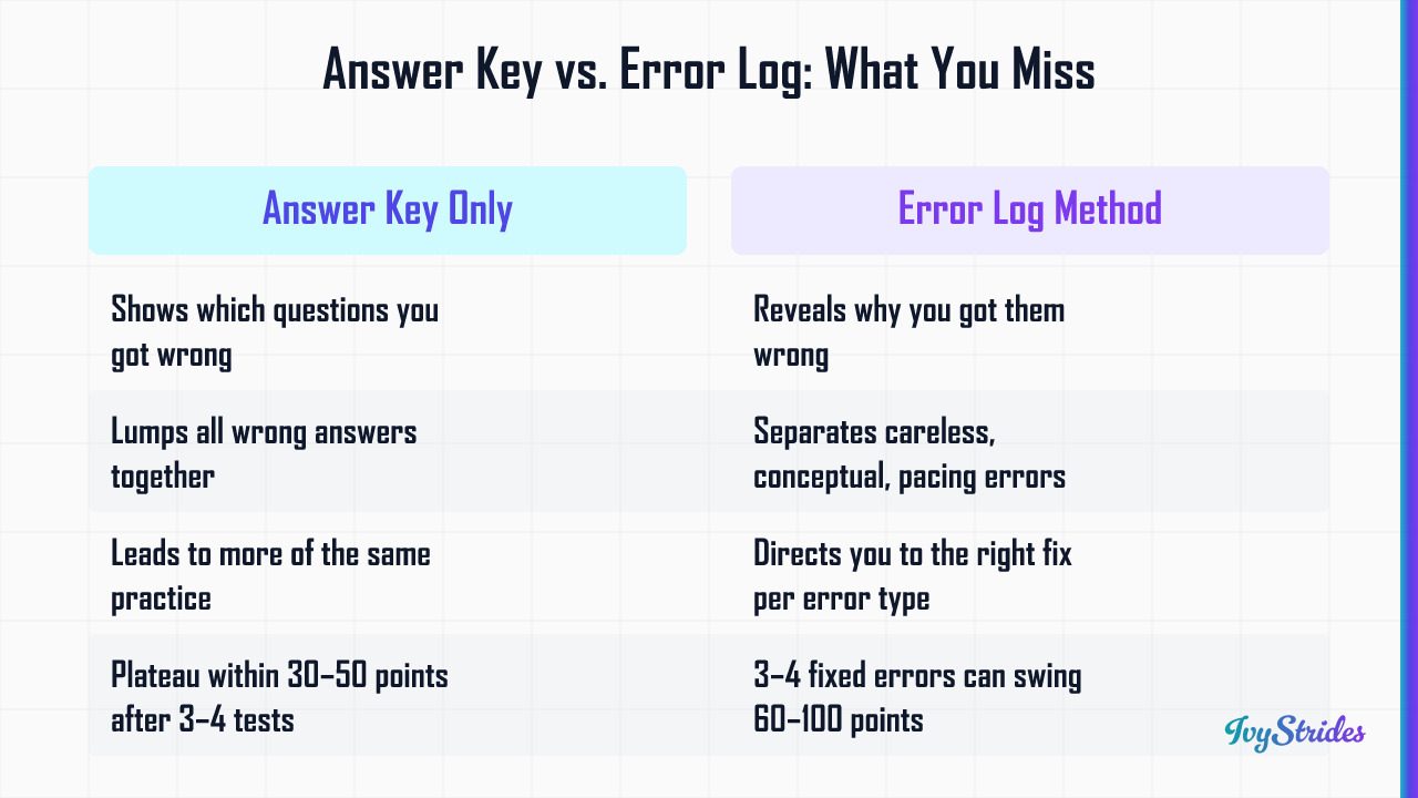 Comparison table showing answer key review vs. error log method and why error logs prevent SAT score plateaus