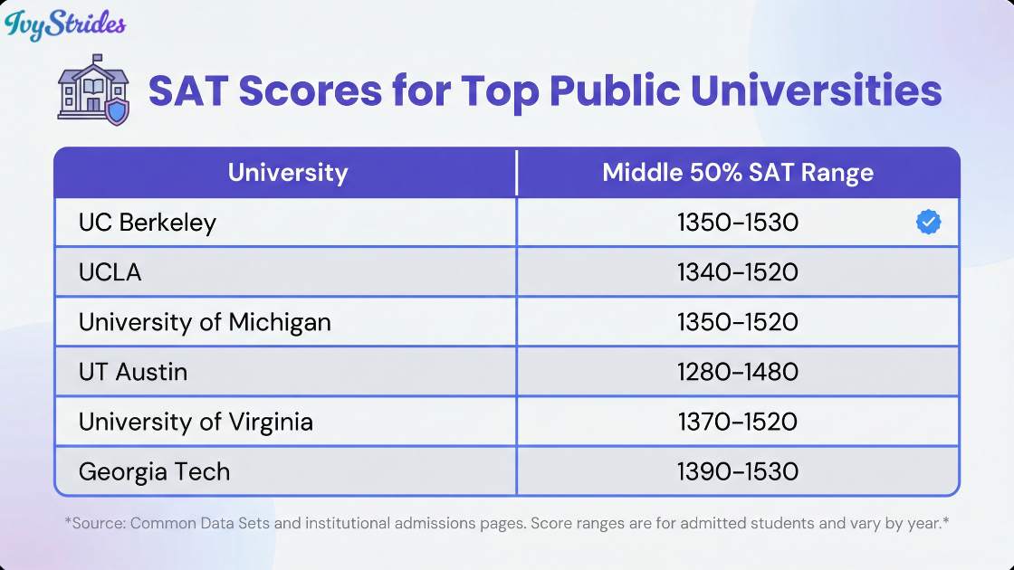 Table showing SAT scores for top public universities.