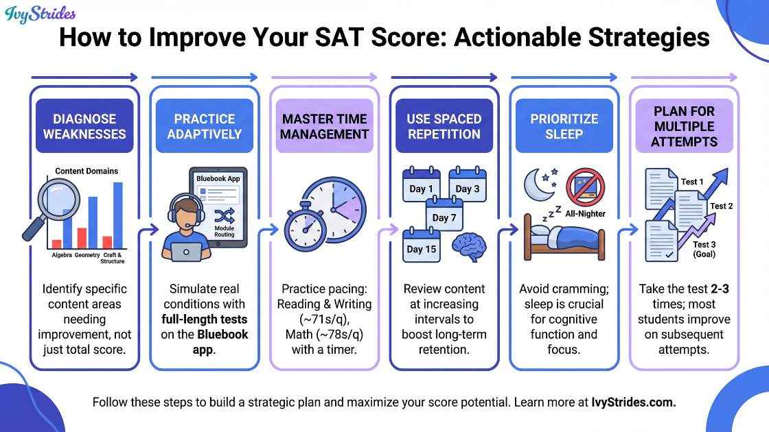 Infographic detailing strategies to improve SAT scores.