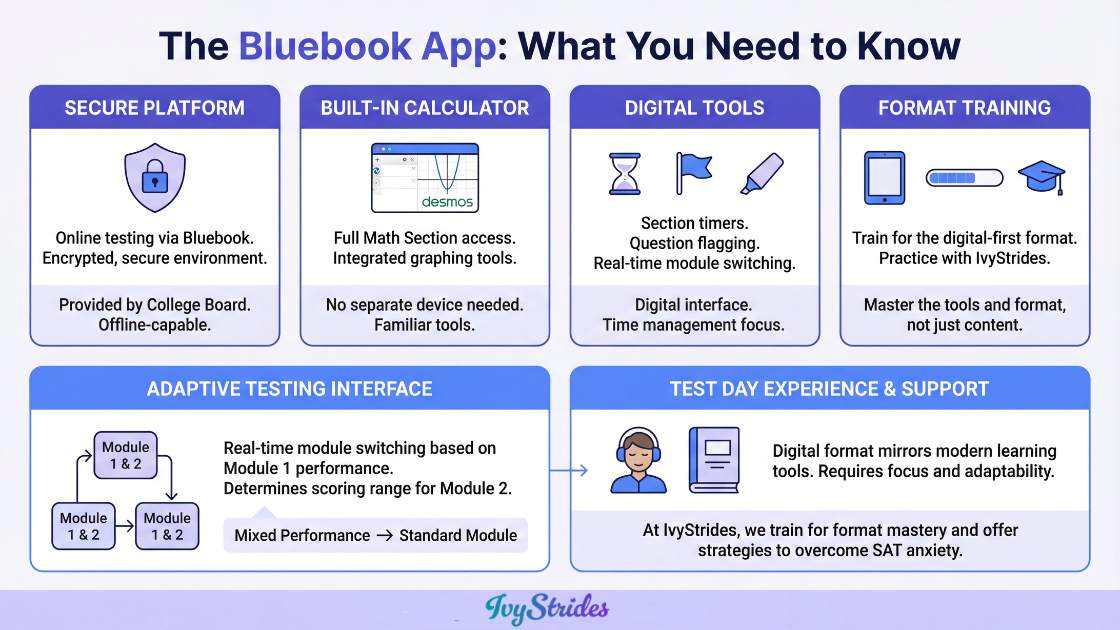 Infographic detailing features of the Bluebook app for SAT testing.