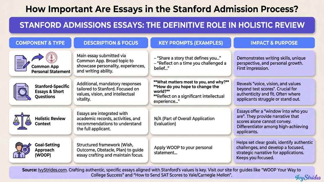 Illustration of key essay strategies for Stanford admissions with visual elements highlighting their importance.